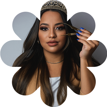 Kauanny Soares, jovem, com tiara, segurando uma pinça de design de sobrancelhas, simbolizando sua atuação como lash e designer